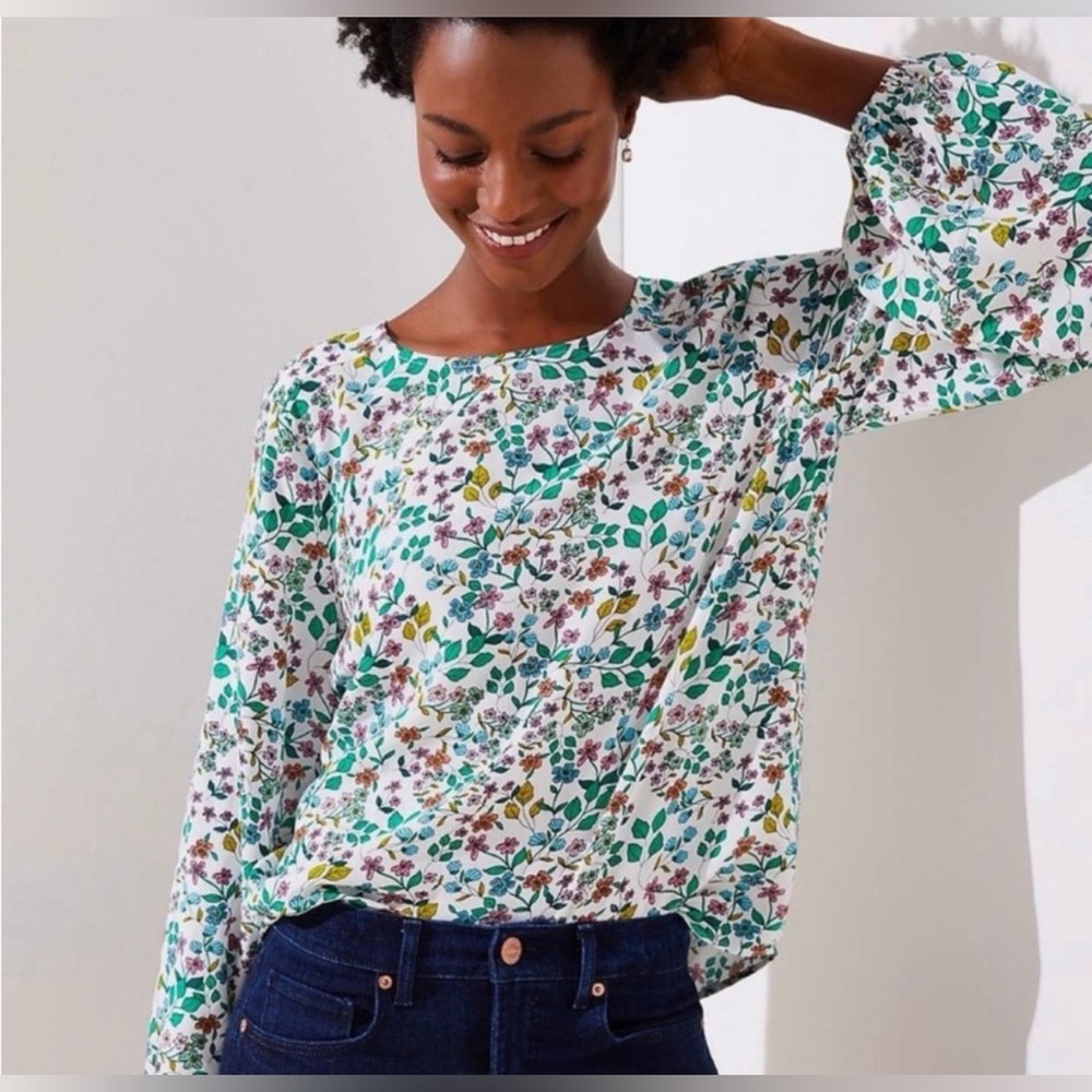 LOFT White Floral Long-Sleeve Blouse with Green and Yellow Accents